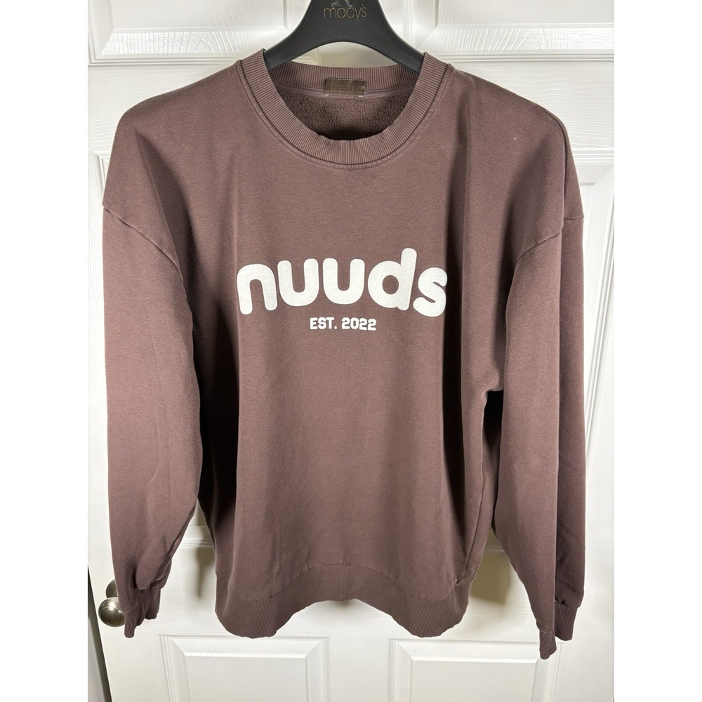 Nuuds EST 2022 Oversized Crewneck Sweatshirt Medium Brown Neutral Logo Fleece